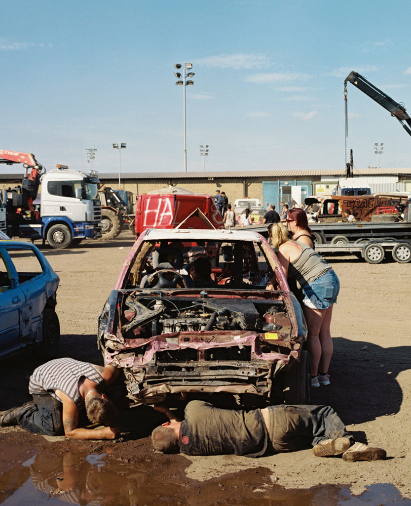 people fixing old car banger racing foxhall stadium